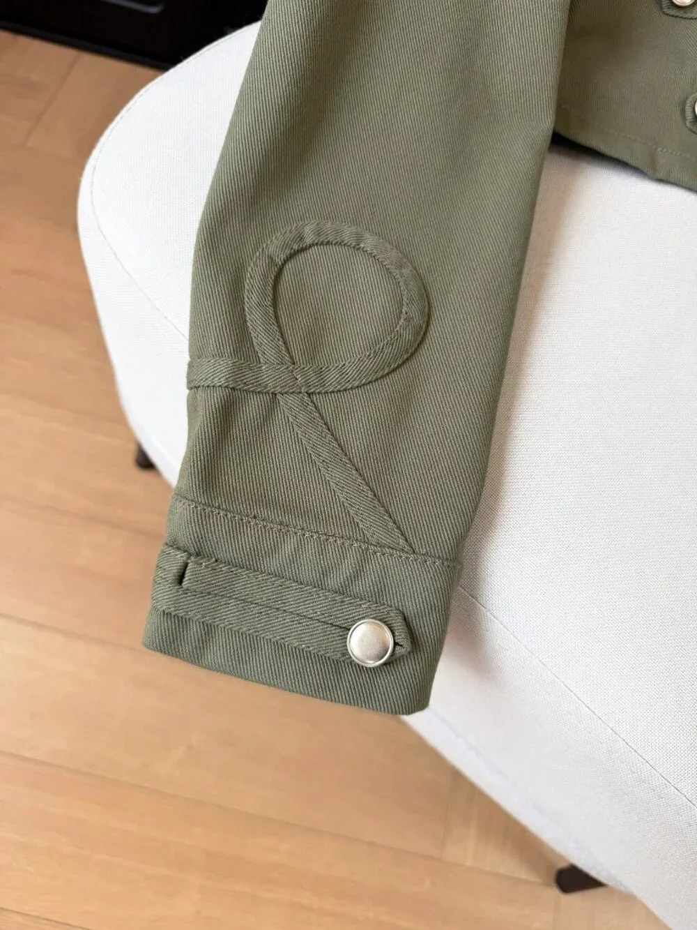 Olive Green Casual Women's Elegant Button Washed Jacket
